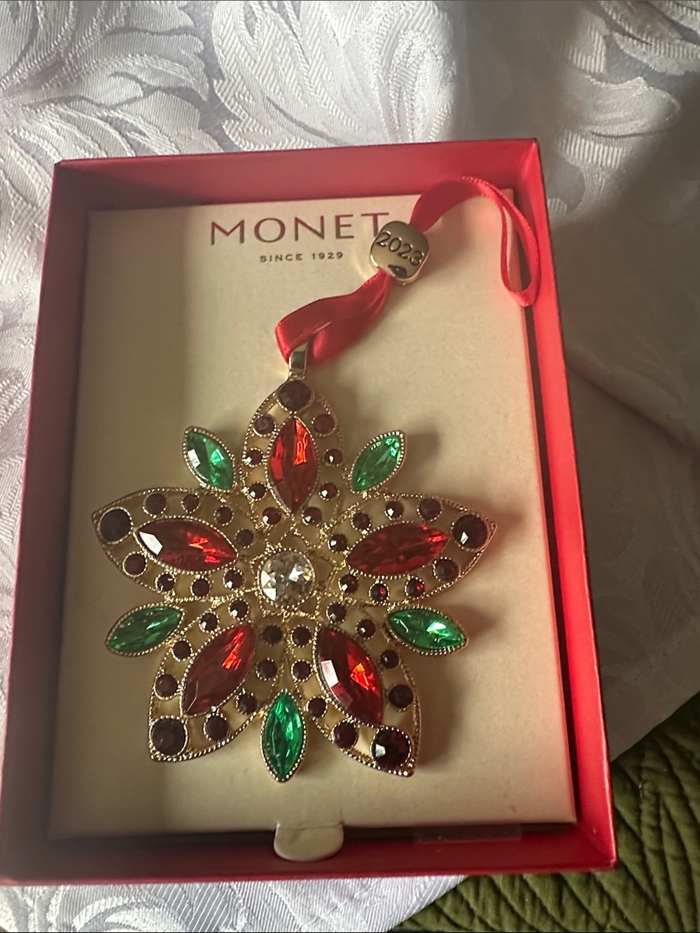 Monet Gold-Tone Red and Green Jeweled Star Ornament